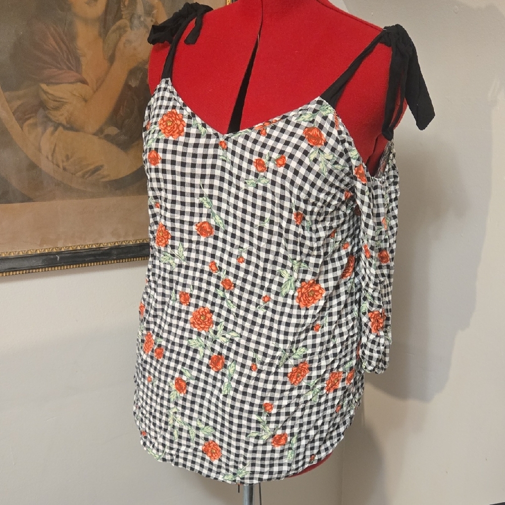 Torrid Black and White Checkered Blouse with Red Floral Accents